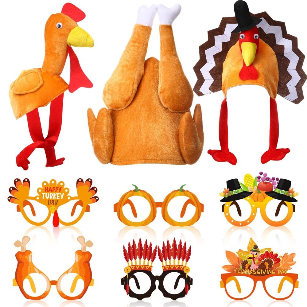 6514 15 Pcs Thanksgiving Turkey Costume 3 Hat 6 Glasses with 6 Hairpin, One